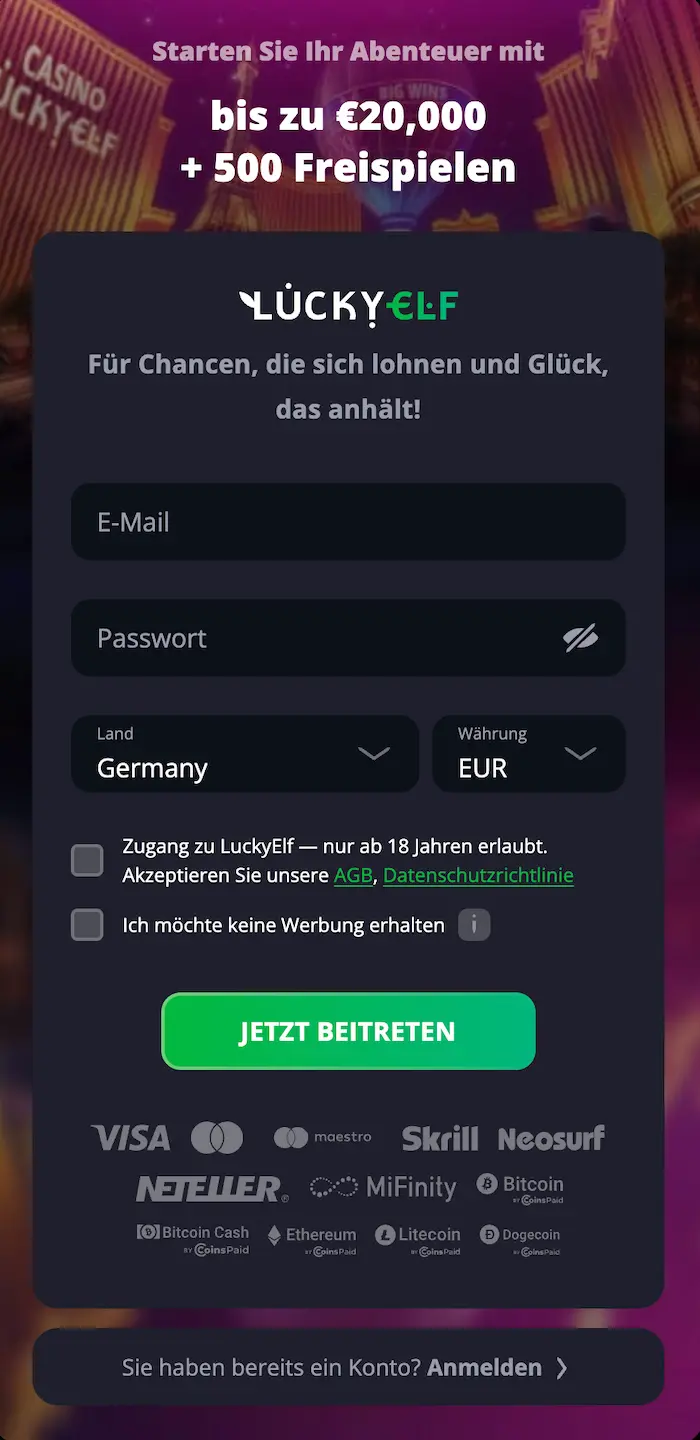 Lucky Elf Anmeldung reg